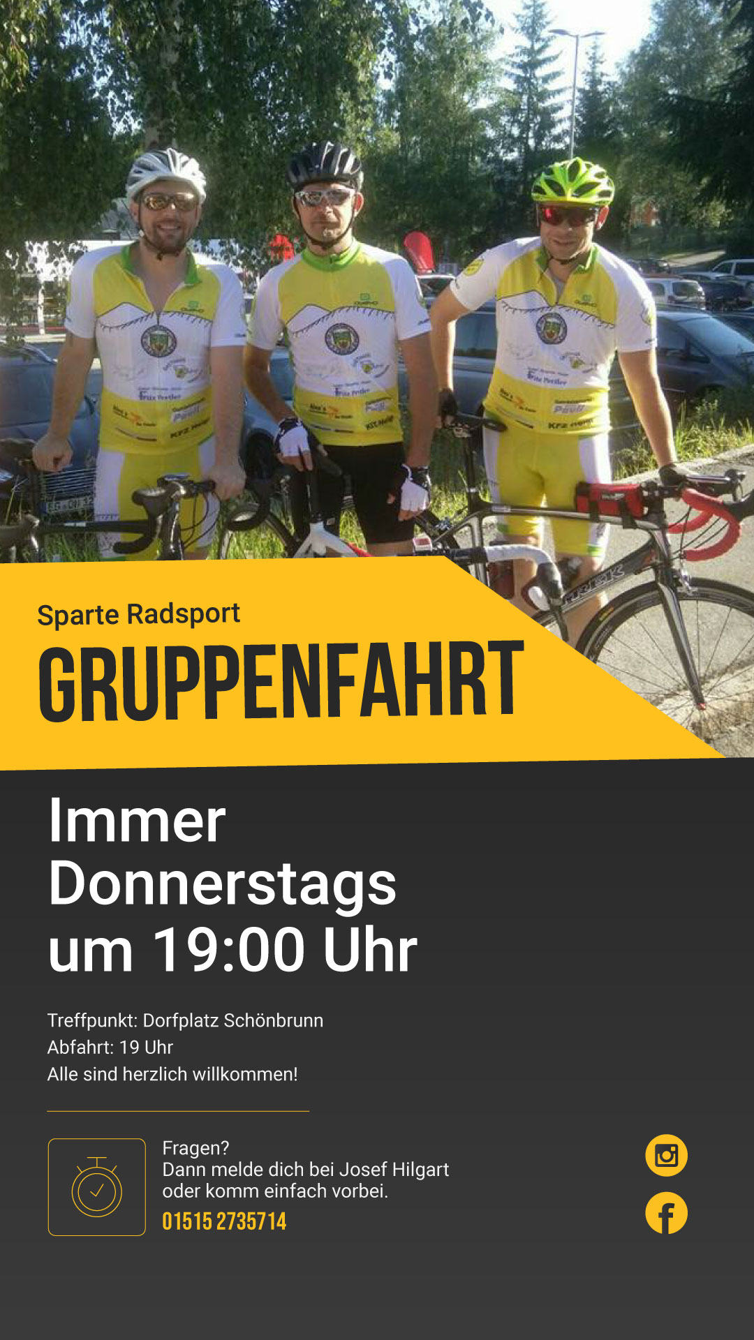 Radsport-Gruppenfahrt jeden Donnerstag ab 19 Uhr, Treffpunkt Dorfplatz Schönbrunn